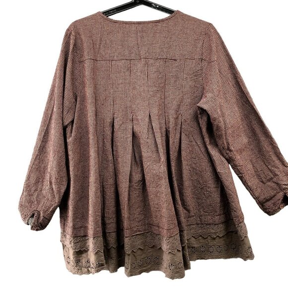 Yiyi Boho Peasant Tunic Top Crochet Hem Button Front Pleated Womens M - Picture 2 of 12